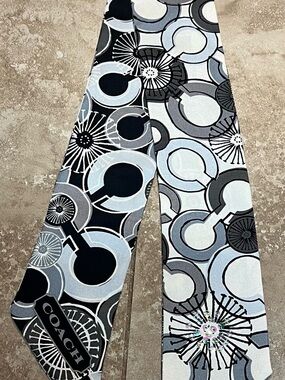 Coach Black Gray White Silk Scarf Tie with Geometric Print